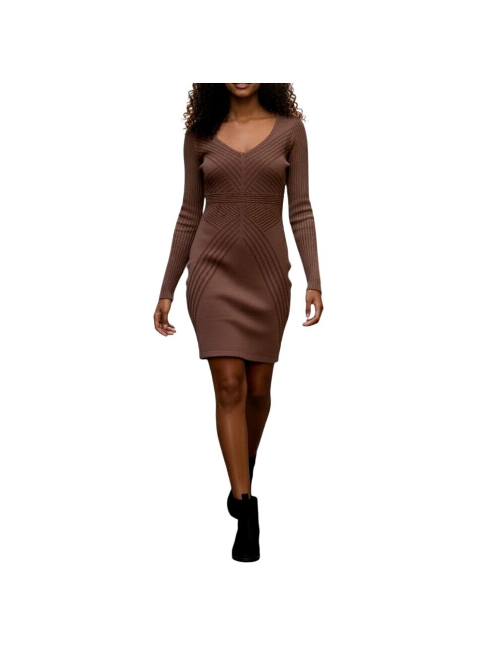 HERA Collection Women's Small Brown Long Sleeve Round Neck Bodycon Dress